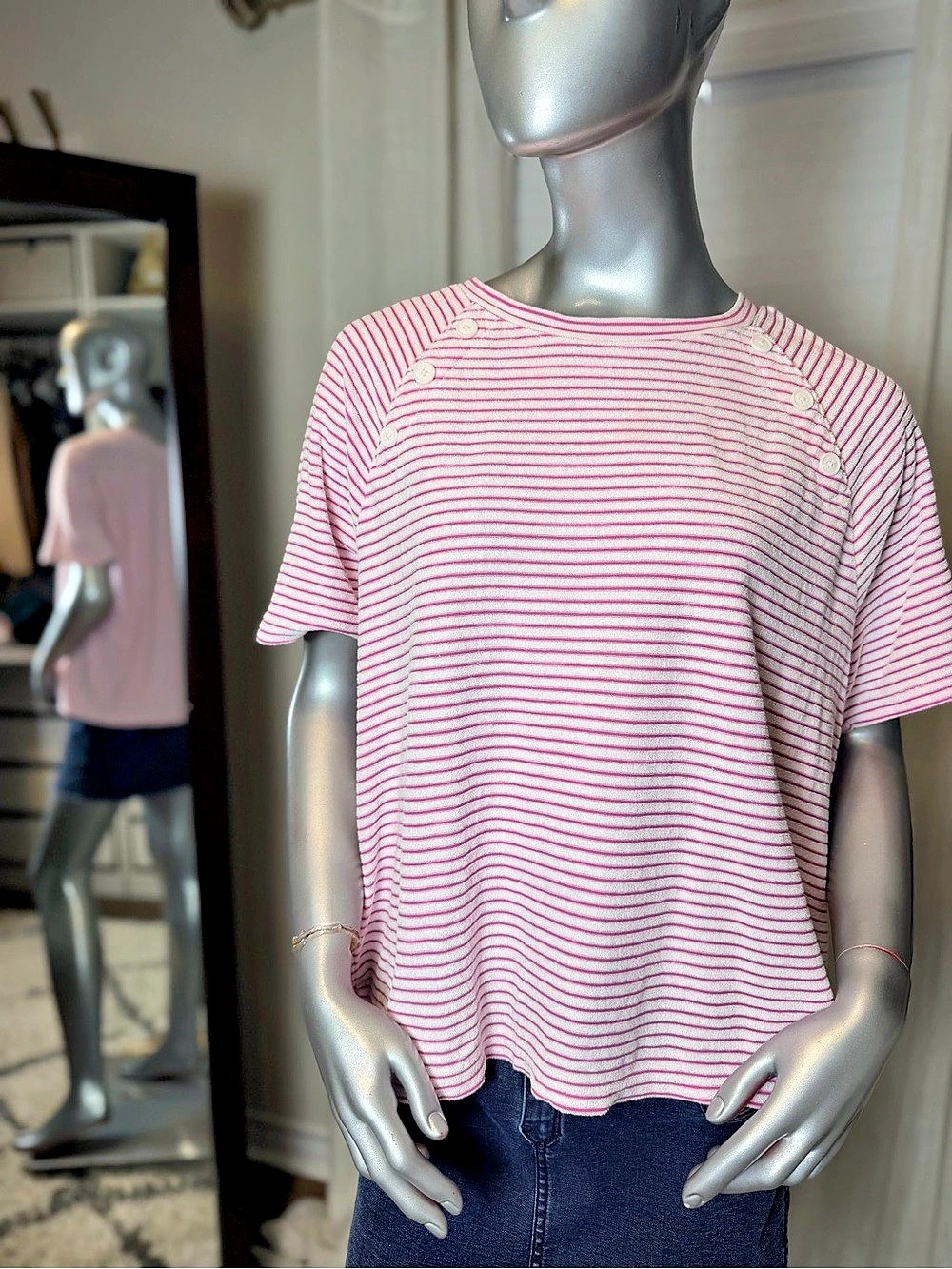 T by Talbots XL Pink White Striped Cotton Button Shoulder Short Sleeve Top